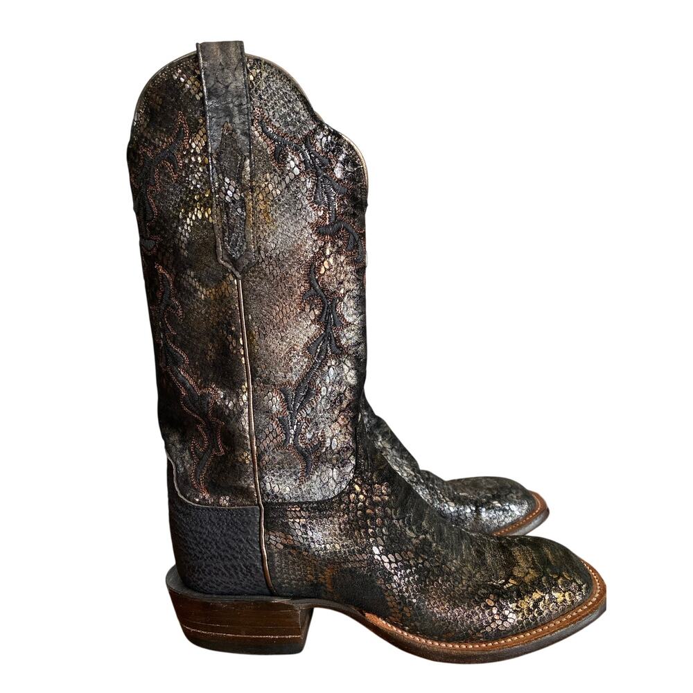 Lucchese Black Suede Metallic Python Square Toe Western Boots Womens 7.5 B - Picture 3 of 15